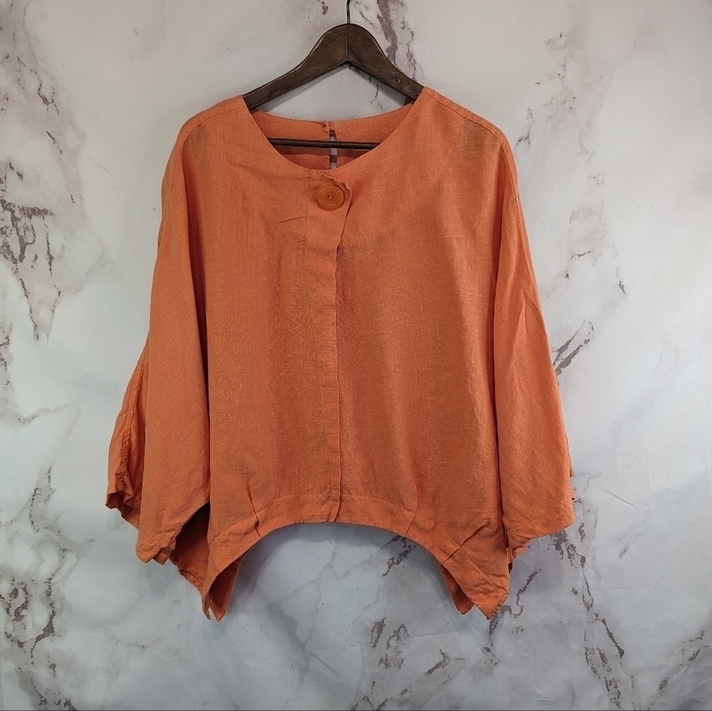 IC By Connie K Top Womens XL Orange Linen Cape Poncho Bat Wing Lagenlook